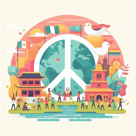 International Day of Peace. Vector illustration in flat style with people around the world.のイラスト素材