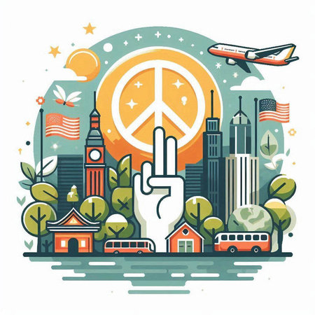 Vector illustration of hand with peace symbol and famous buildings in the background.のイラスト素材
