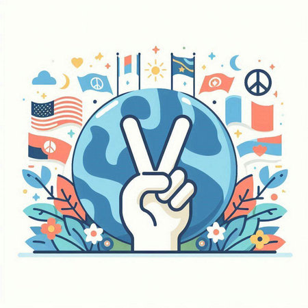 Vector illustration of hand with peace sign on the background of the planet.のイラスト素材