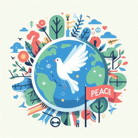 Vector illustration of planet earth with flying dove in flat design style.のイラスト素材