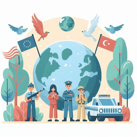 Vector illustration of a group of police officers on the background of the world.のイラスト素材