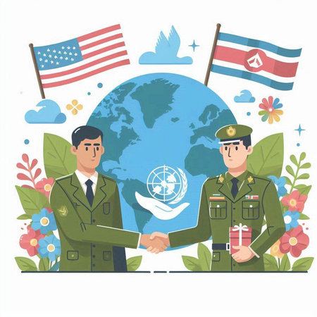 Vector illustration of a soldier in uniform and handshaking with a world mapのイラスト素材