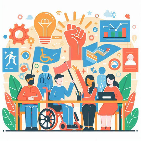 Hand drawn vector illustration of a group of people in a wheelchair working at the office.のイラスト素材