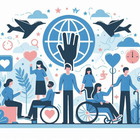 Disabled people concept. Vector illustration with people in wheelchair, world map, hearts, air balloons, icons.のイラスト素材