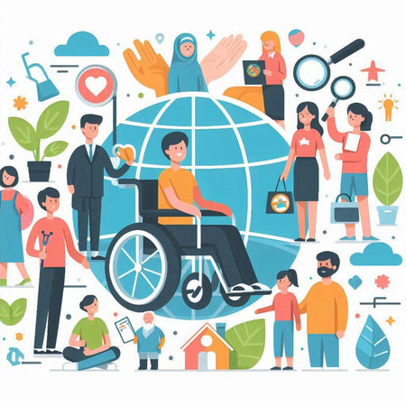 Handicapped person in wheelchair with group of people. Vector illustrationのイラスト素材