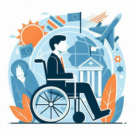Vector illustration of a man in a wheelchair traveling around the world. Flat style design.のイラスト素材