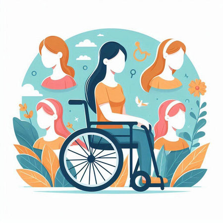 Disabled woman in wheelchair with group of friends. Vector illustration.のイラスト素材