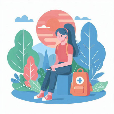 Young woman with backpack in nature. Vector illustration in flat style.のイラスト素材