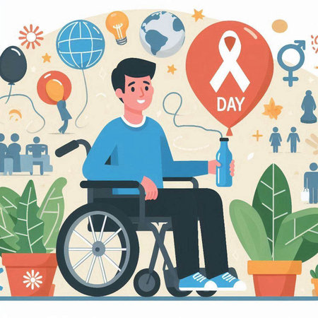 Disabled man in wheelchair, vector illustration. Flat style design.のイラスト素材