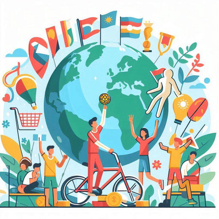 Vector illustration of people around the world with flags and symbols of countriesのイラスト素材