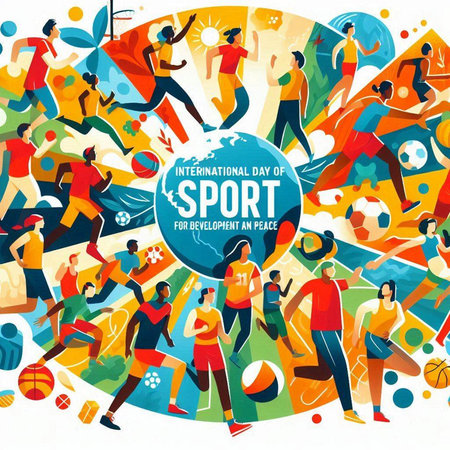 World Sport Day. Group of people playing soccer, basketball, football, basketball, rugby, baseball, basketball, tennis, rugby, volleyball. Vector illustration.のイラスト素材