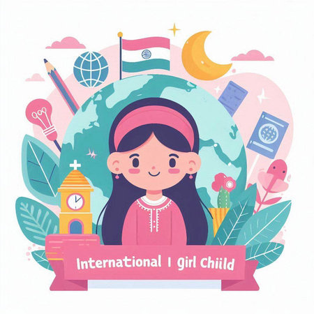 International Children's Day greeting card. Cute cartoon girl with globe, clock and flowers. Vector illustration.のイラスト素材