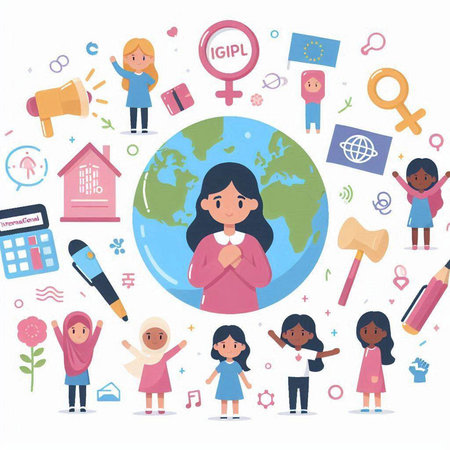 Vector illustration of a girl and children around the world. Flat design.のイラスト素材