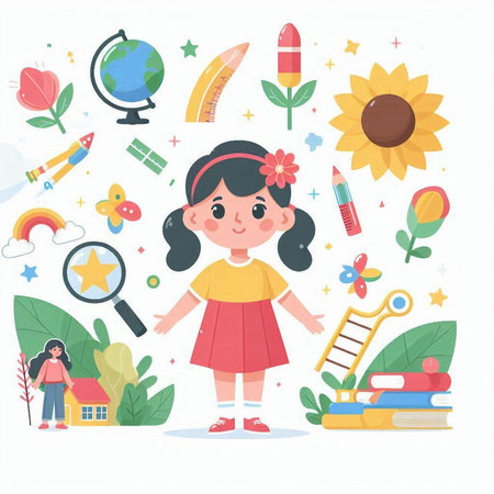 Cute little girl with school supplies. Vector illustration in flat style.のイラスト素材