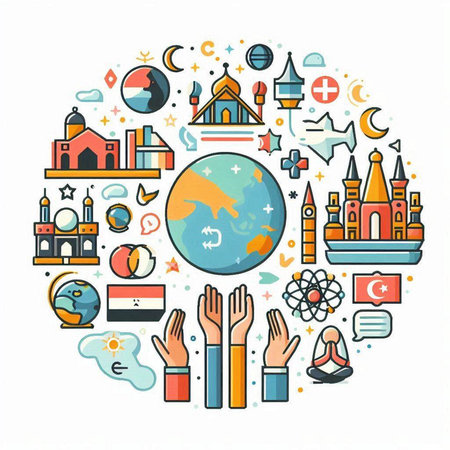 Vector illustration of flat line icons of travel around the world in circle shapeのイラスト素材