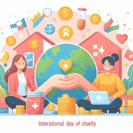 International Day of Charity Concept. Volunteers Helping the World with Charity. Vector Illustrationのイラスト素材