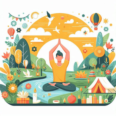 Yoga in the park. Relaxation and meditation concept. Vector illustrationのイラスト素材