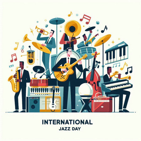 International Jazz Day. Vector illustration in flat design style with music instruments.のイラスト素材