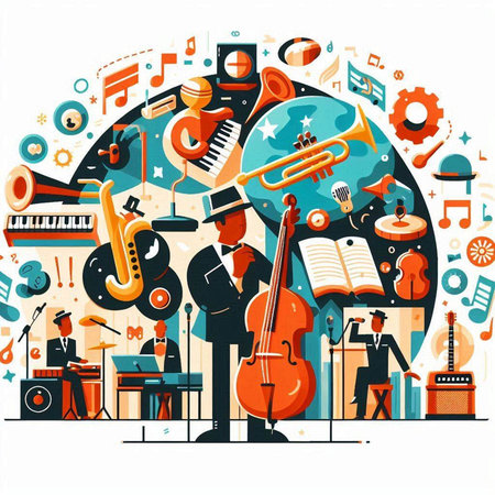 Musical instruments and musicians. Vector illustration in flat cartoon style.のイラスト素材