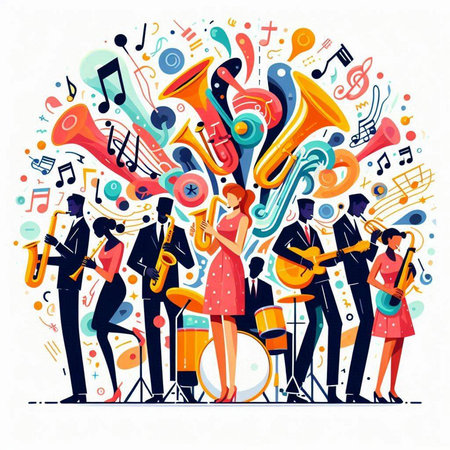 Musical group with musical instruments. Vector illustration in cartoon style.のイラスト素材