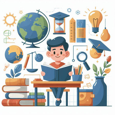 Back to school vector illustration. Cartoon boy sitting at the desk with books, globe, books, lamp, globe, graduation cap, globe, book, pencils.のイラスト素材