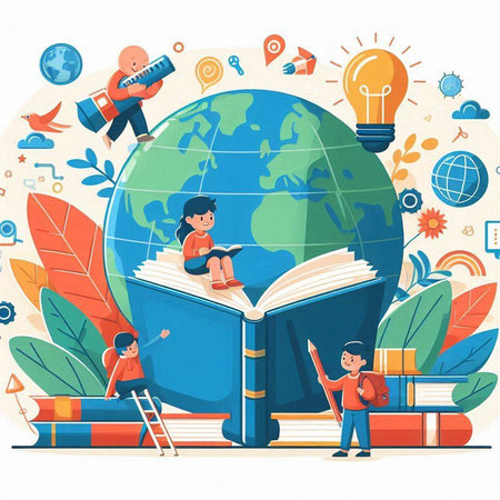 Vector illustration of kids reading books around the globe, education concept.のイラスト素材