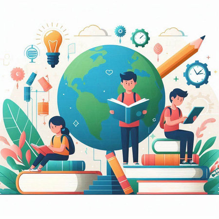 Vector illustration of students reading books on the background of the globe.のイラスト素材