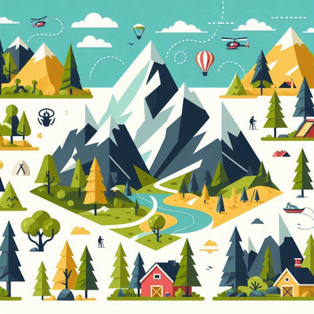 Mountains and forest landscape in flat style. Vector illustration for your designのイラスト素材