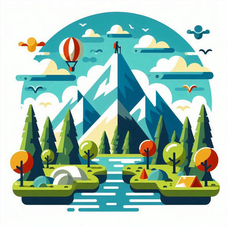 Landscape with mountains, trees and people. Vector illustration in flat styleのイラスト素材
