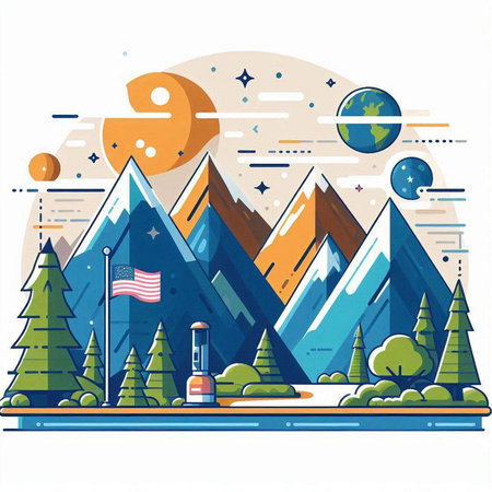 Landscape with mountains, lake, forest and flag of United States. Vector illustrationのイラスト素材