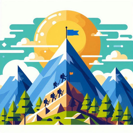 Mountain landscape. Vector illustration in flat design style. Climbing to the top of the mountain.のイラスト素材