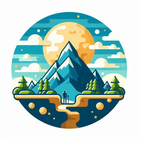Mountain landscape with forest and lake. Vector illustration in flat styleのイラスト素材
