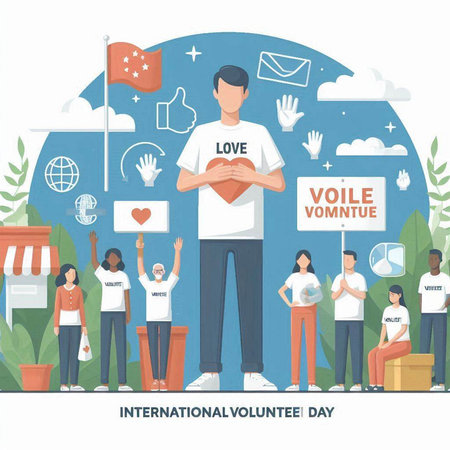International Day of Volunteers concept. Vector illustration in flat cartoon style.のイラスト素材