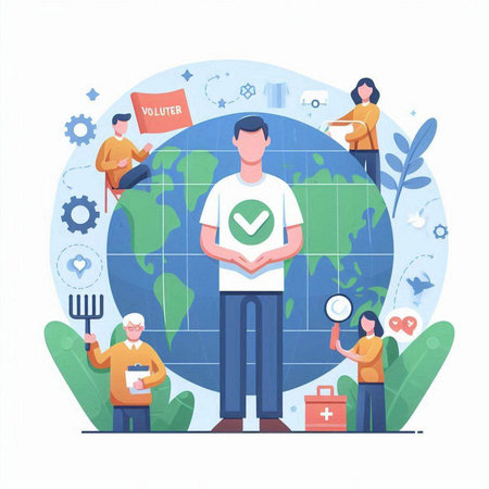 People around the globe. Vector illustration in flat cartoon style. Environment protection concept.のイラスト素材