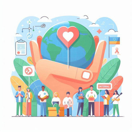 World Health Day Concept. People Holding Earth Globe with Heart in Hand. Vector Illustrationのイラスト素材