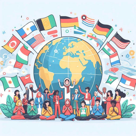 Group of people with flags around the globe. Vector illustration in flat style.のイラスト素材