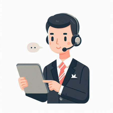 Vector illustration of a businessman in a suit with a headset and a tablet.のイラスト素材