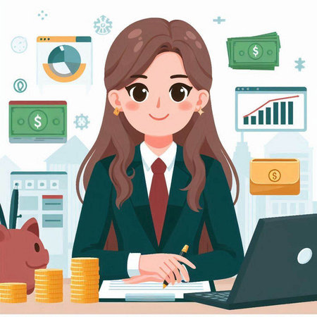 Business woman working at the office. Vector illustration in cartoon style.のイラスト素材