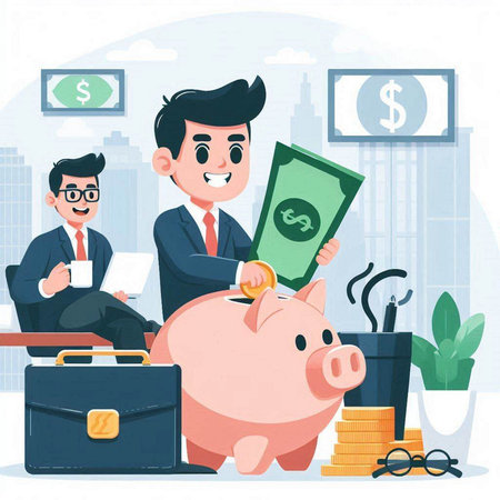 Businessman with piggy bank and money. Vector illustration in cartoon style.のイラスト素材