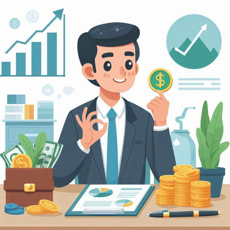Businessman with money in hand. Vector illustration in cartoon style.のイラスト素材