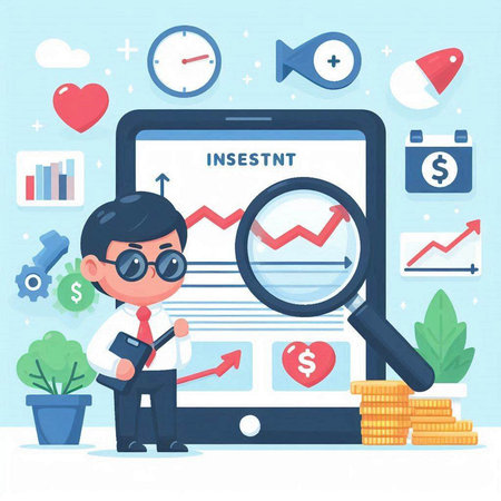 Businessman looking for investment in tablet. Vector illustration in flat styleのイラスト素材