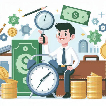 Businessman with clock and money. Time is money. Vector illustration.のイラスト素材