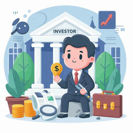 Businessman with magnifying glass and gold coin. Vector illustration.のイラスト素材