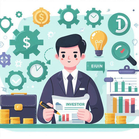Businessman character vector illustration. Businessman in a business suit with documents in his hands.のイラスト素材