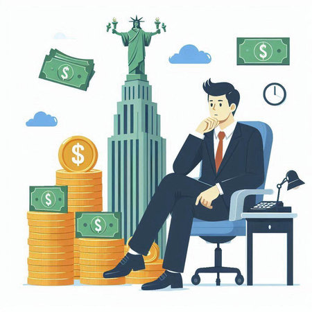 Businessman sitting on office chair and thinking about money. Vector illustration.のイラスト素材