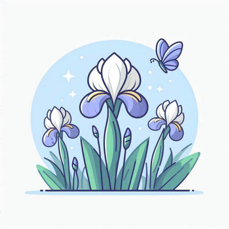 Iris flower and butterfly. Vector illustration in cartoon flat style.のイラスト素材