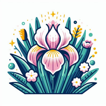 Greeting card with iris flowers. Vector illustration in flat style.のイラスト素材