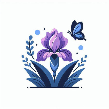Illustration of iris flower and butterfly. Hand drawn vector illustration.のイラスト素材