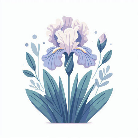 Purple iris flower with green leaves on white background. Vector illustration.のイラスト素材