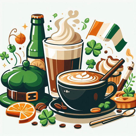 Illustration of Irish holiday St. Patrick's Day celebration with a cup of coffee, leprechaun hat, leprechaun cookies, beer and four leaf cloversのイラスト素材
